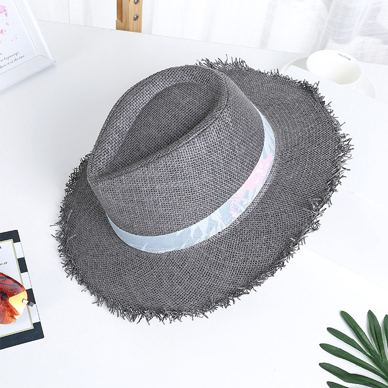 အမျိုးသားများအတွက် Fringe Edge Dark Grey Straw Fedora ဦးထုပ်